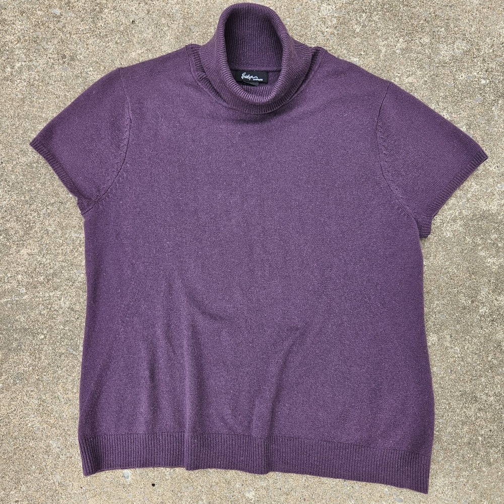 Evelyn Cashmere Sweater Women XL Short Sleeve Plum Purple Ribbed Shirt